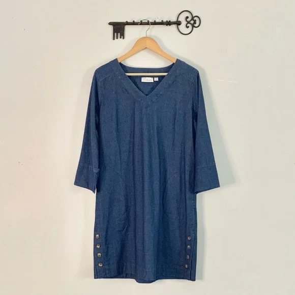 Kim Gravel chambray dark wash denim shift dress with pockets women’s size medium - Picture 1 of 10